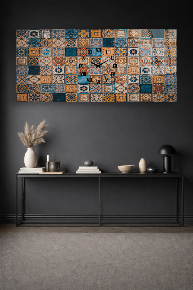 KIRILMAZ CAM DUVAR SAATİ , HEM TABLO HEM SAAT RETRO ÇİNİ DESENLİ TASARIM EV OFİS HEDİYESİ