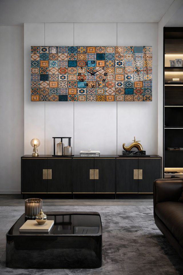 KIRILMAZ CAM DUVAR SAATİ , HEM TABLO HEM SAAT RETRO ÇİNİ DESENLİ TASARIM EV OFİS HEDİYESİ