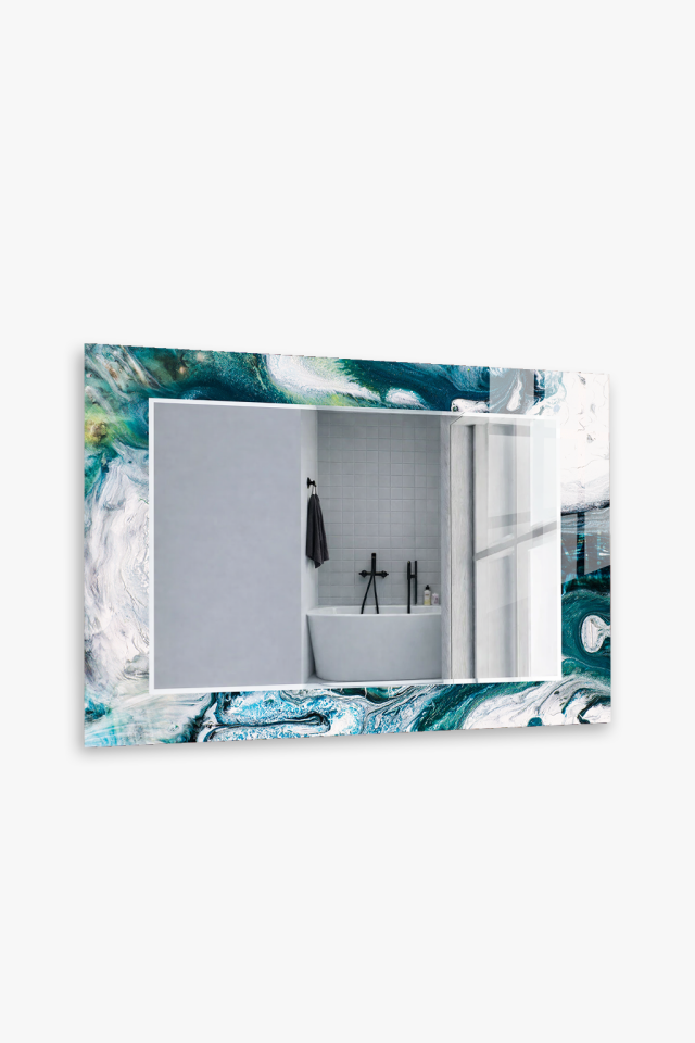 HEM TABLO HEM AYNA BEYAZ TURKUAZ SOYUT TASARIM CAM DUVAR AYNASI EV DEKORU