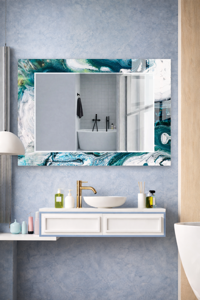 HEM TABLO HEM AYNA BEYAZ TURKUAZ SOYUT TASARIM CAM DUVAR AYNASI EV DEKORU