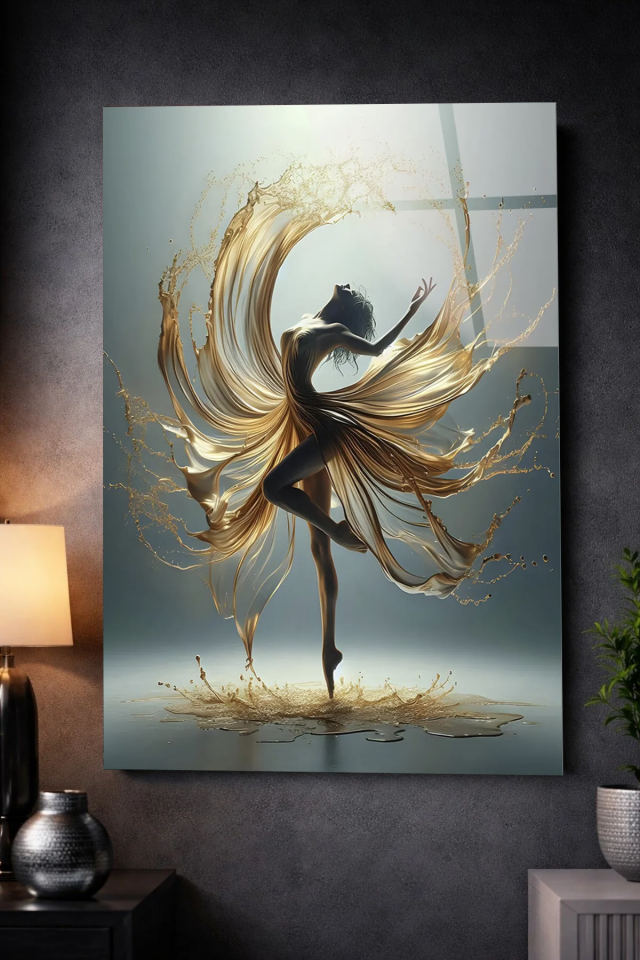 KIRILMAZ CAM TABLO ALTIN SU DANSI BALE SANATSAL MODERN TASARIM