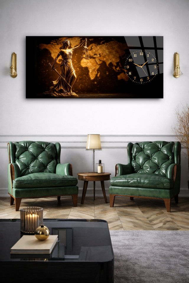 KIRILMAZ CAM DUVAR SAATİ , HEM TABLO HEM SAAT ADALET HEYKELİ ALTIN DÜNYA EV OFİS HEDİYESİ