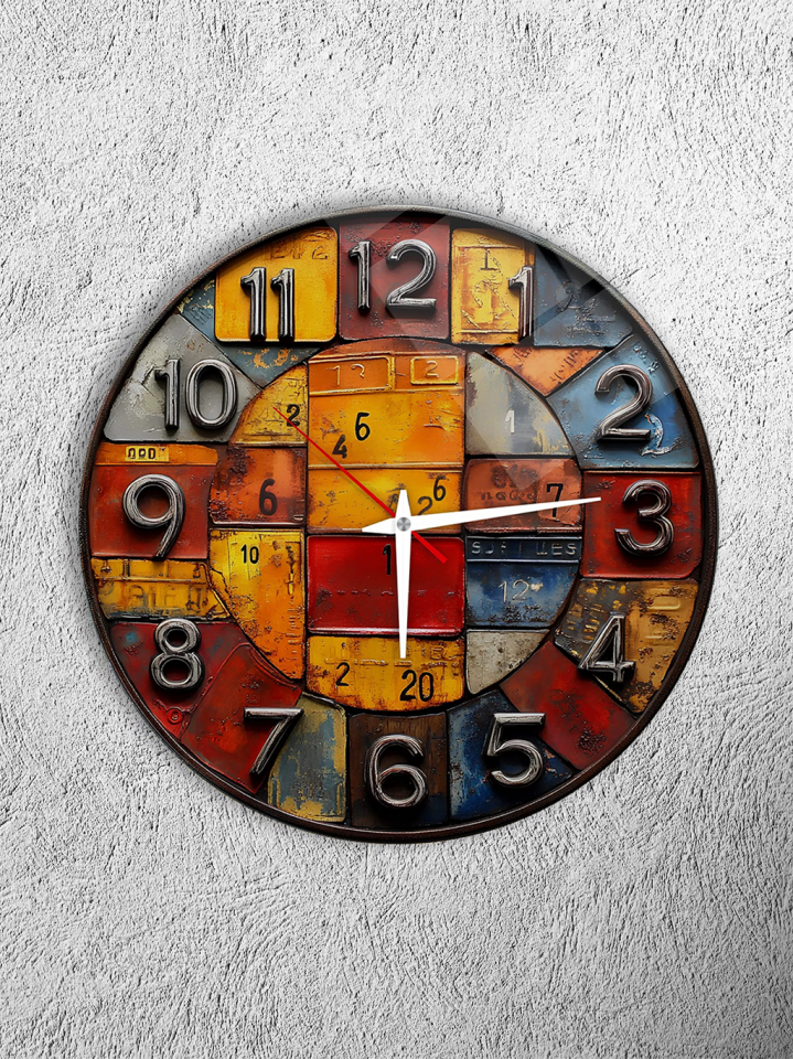 KIRILMAZ CAM DUVAR SAATİ,HEM TABLO HEM SAAT VİNTAGE PATCHWORK RENKLİ RETRO TASARIM DEKORATİF SAAT EV OFİS HEDİYESİ