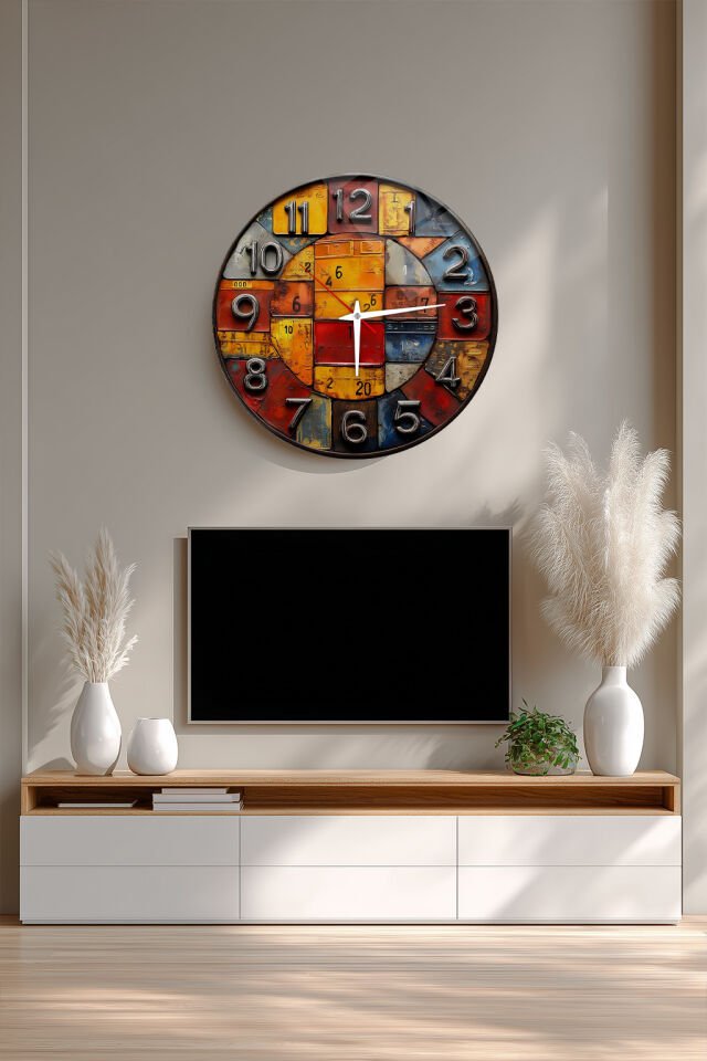 KIRILMAZ CAM DUVAR SAATİ,HEM TABLO HEM SAAT VİNTAGE PATCHWORK RENKLİ RETRO TASARIM DEKORATİF SAAT EV OFİS HEDİYESİ