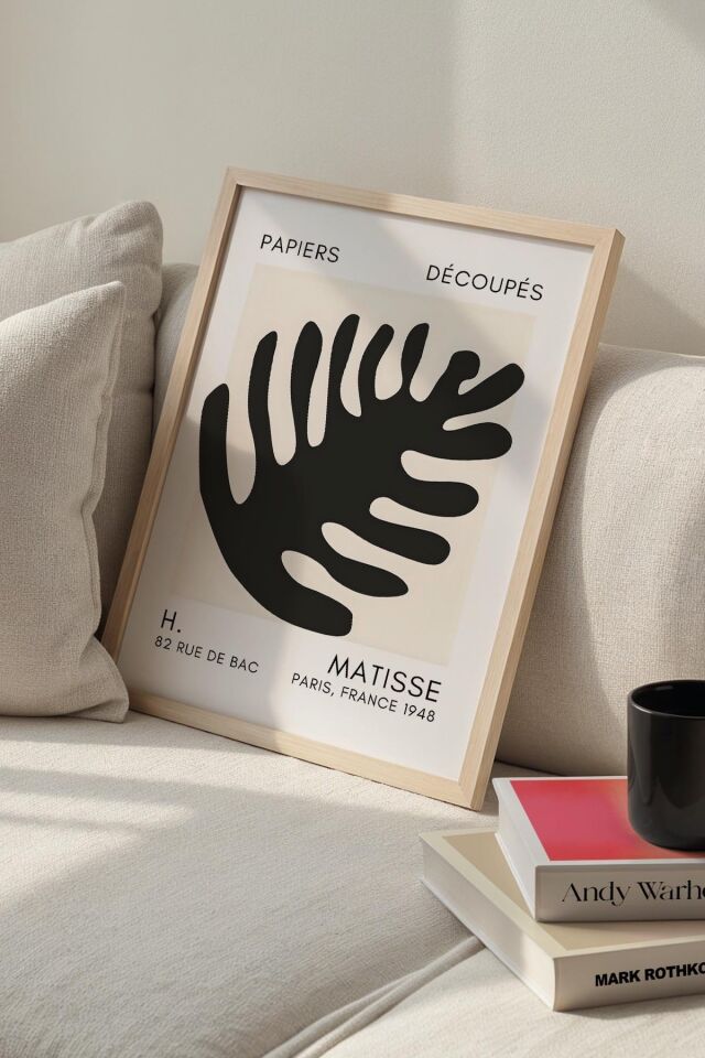 DOĞAL AHŞAP - Botanik Serisi Siyah Çiçekli Minimalist Matisse Doğal Ahşap Çerçeveli Duvar Tablosu