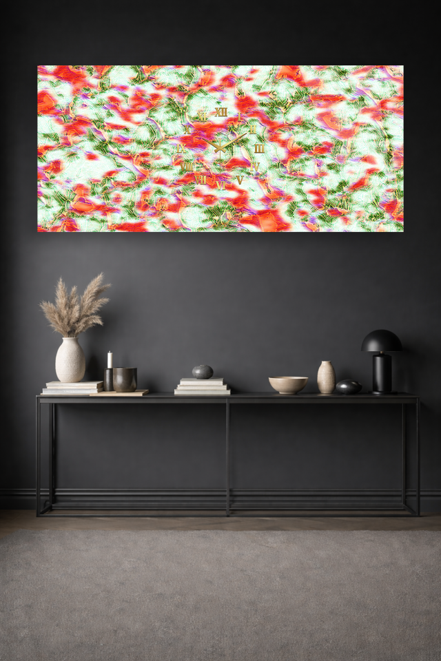 KIRILMAZ CAM DUVAR SAATİ, HEM TABLO HEM SAAT RENKLİ SOYUT SANAT TASARIM EV OFİS HEDİYESİ