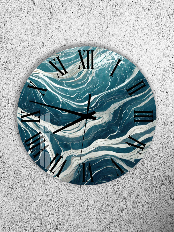 KIRILMAZ CAM DUVAR SAATİ, HEM TABLO HEM SAAT TURKUAZ BEYAZ DALGA MERMER DESEN EV OFİS HEDİYESİ