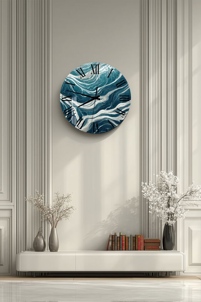 KIRILMAZ CAM DUVAR SAATİ, HEM TABLO HEM SAAT TURKUAZ BEYAZ DALGA MERMER DESEN EV OFİS HEDİYESİ