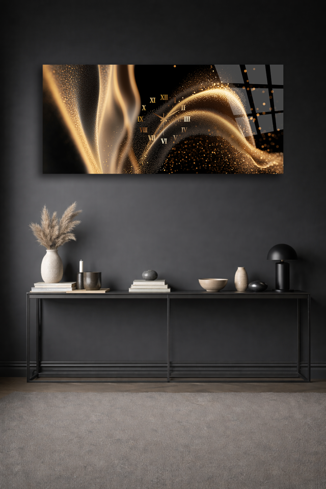 KIRILMAZ CAM DUVAR SAATİ , HEM TABLO HEM SAAT ALTIN IŞIK DALGA TASARIM EV OFİS HEDİYESİ