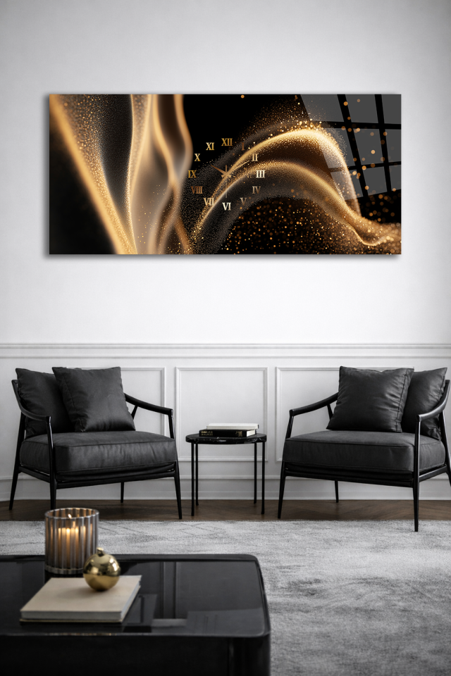 KIRILMAZ CAM DUVAR SAATİ , HEM TABLO HEM SAAT ALTIN IŞIK DALGA TASARIM EV OFİS HEDİYESİ