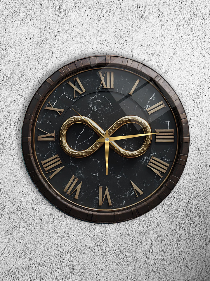 KIRILMAZ CAM DUVAR SAATİ,HEM TABLO HEM SAAT SONSUZLUK SEMBOLÜ SİYAH MERMER ZEMİN ALTIN DETAYLI SAAT EV OFİS HEDİYESİ