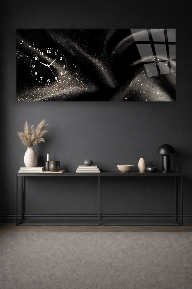KIRILMAZ CAM DUVAR SAATİ, HEM TABLO HEM SAAT SİYAH IŞILTI DOKU MODERN TASARIM EV OFİS HEDİYESİ