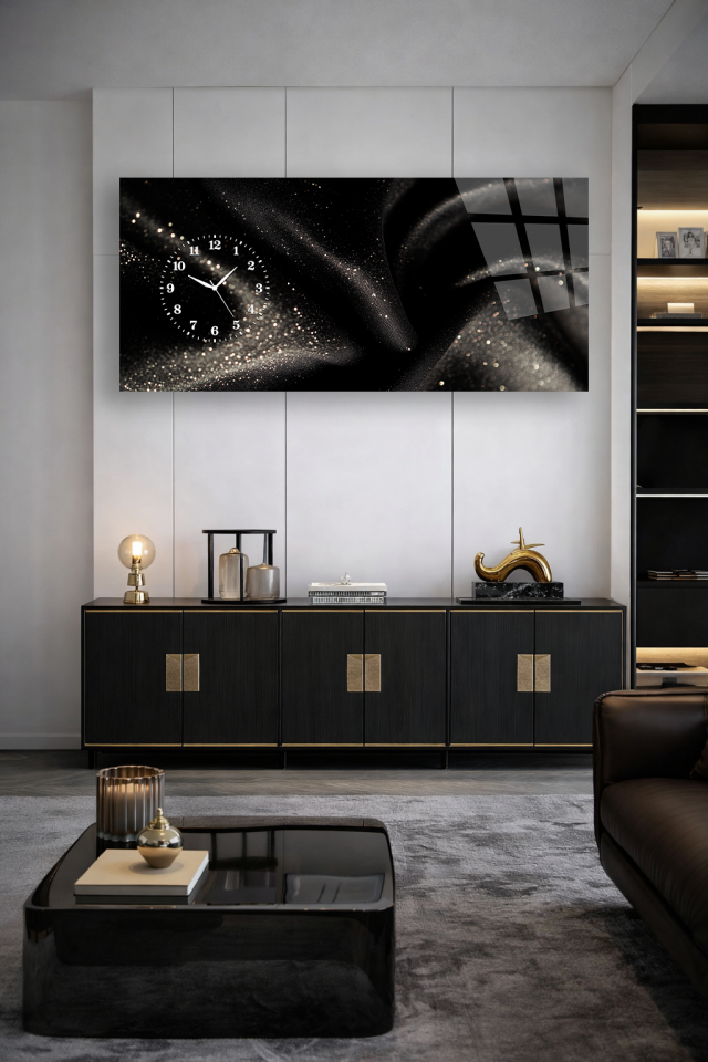 KIRILMAZ CAM DUVAR SAATİ, HEM TABLO HEM SAAT SİYAH IŞILTI DOKU MODERN TASARIM EV OFİS HEDİYESİ