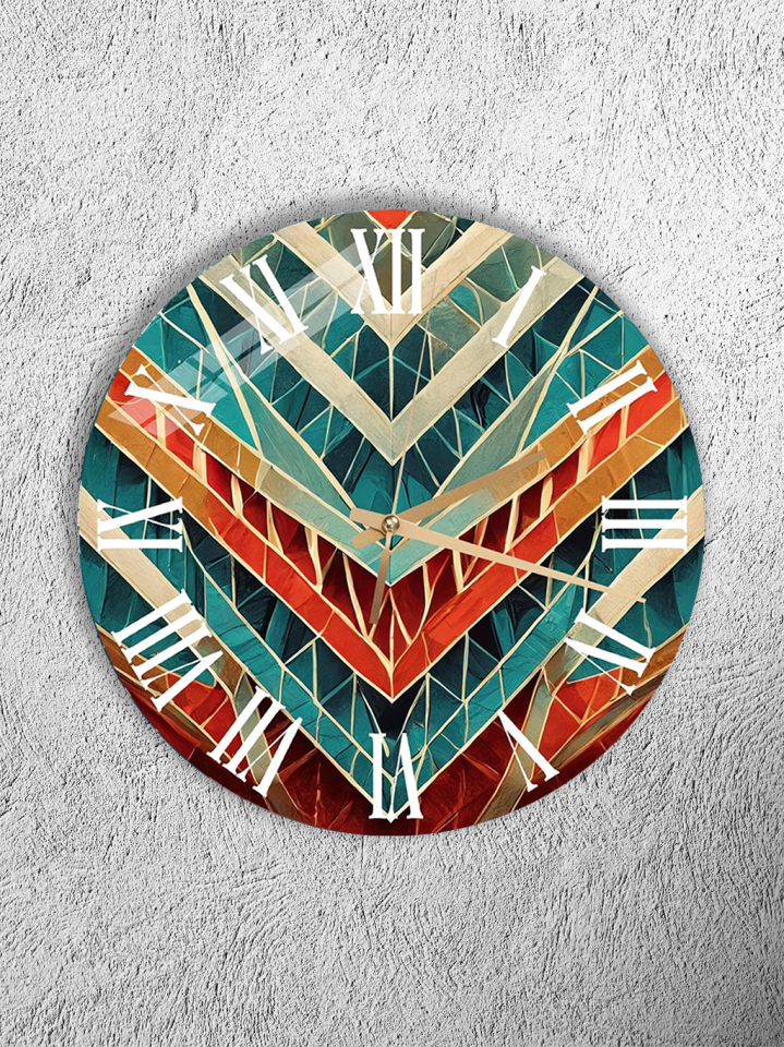 KIRILMAZ CAM DUVAR SAATİ, HEM TABLO HEM SAAT GEOMETRİK V DESEN TURKUAZ KIRMIZI EV OFİS HEDİYESİ