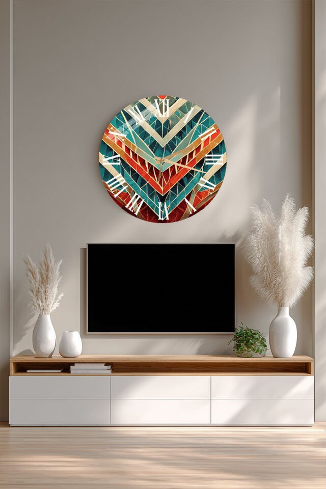 KIRILMAZ CAM DUVAR SAATİ, HEM TABLO HEM SAAT GEOMETRİK V DESEN TURKUAZ KIRMIZI EV OFİS HEDİYESİ