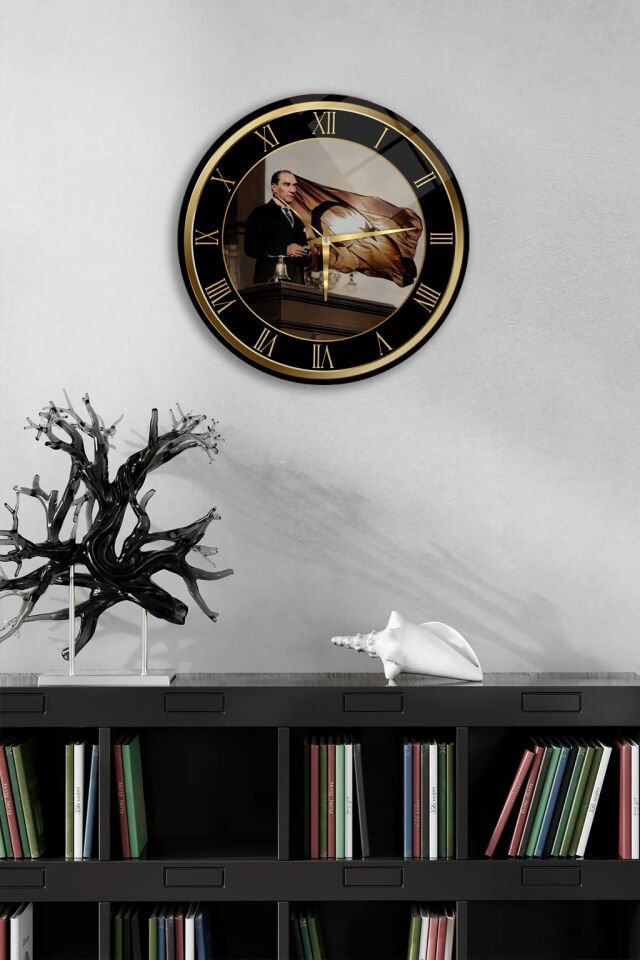 KIRILMAZ CAM DUVAR SAATİ,HEM TABLO HEM SAAT ATATÜRK VE TÜRK BAYRAĞI TEMALI KLASİK TASARIM SAAT EV OFİS HEDİYESİ