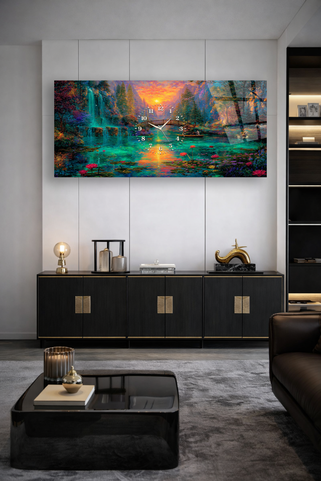 KIRILMAZ CAM DUVAR SAATİ, HEM TABLO HEM SAAT DOĞA MANZARA ŞELALE VE GÖL EV OFİS HEDİYESİ