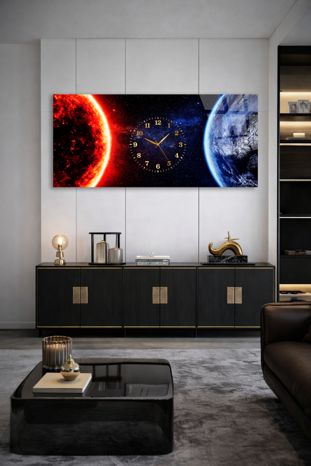 KIRILMAZ CAM DUVAR SAATİ , HEM TABLO HEM SAAT UZAY GÜNEŞ VE DÜNYA EV OFİS HEDİYESİ