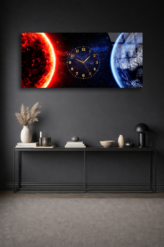 KIRILMAZ CAM DUVAR SAATİ , HEM TABLO HEM SAAT UZAY GÜNEŞ VE DÜNYA EV OFİS HEDİYESİ
