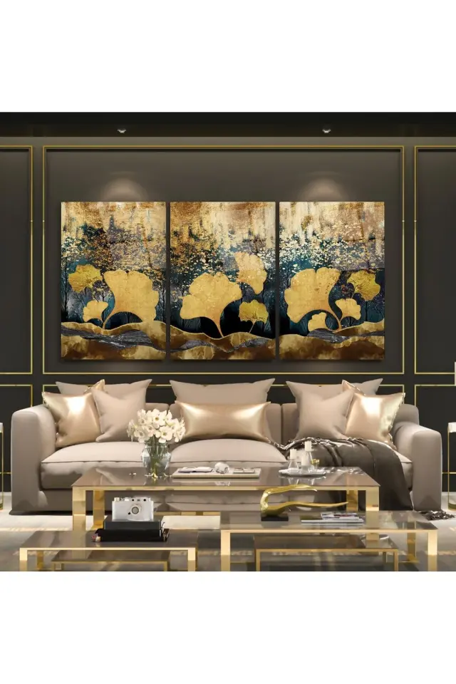 3 LÜ ALTIN YAPRAKLI CAM TABLO SETİ SALON TABLOSU EV HEDİYESİ KIRILMAZ CAM Kahverengi