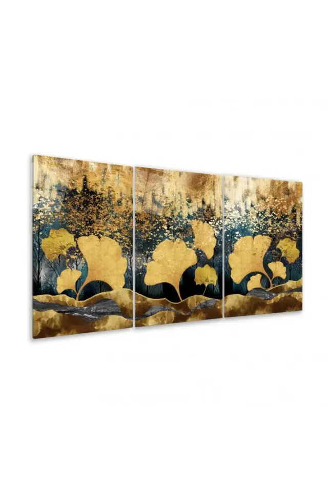 3 LÜ ALTIN YAPRAKLI CAM TABLO SETİ SALON TABLOSU EV HEDİYESİ KIRILMAZ CAM Kahverengi