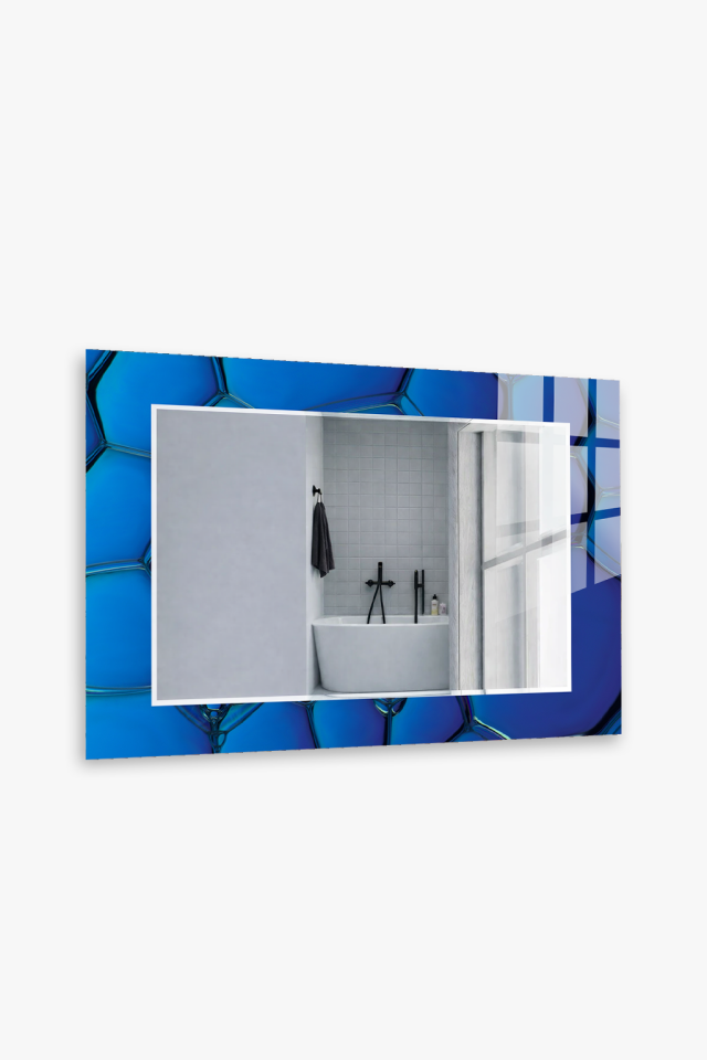 HEM TABLO HEM AYNA MAVİ ALTIGEN DESEN CAM DUVAR AYNASI EV DEKORU