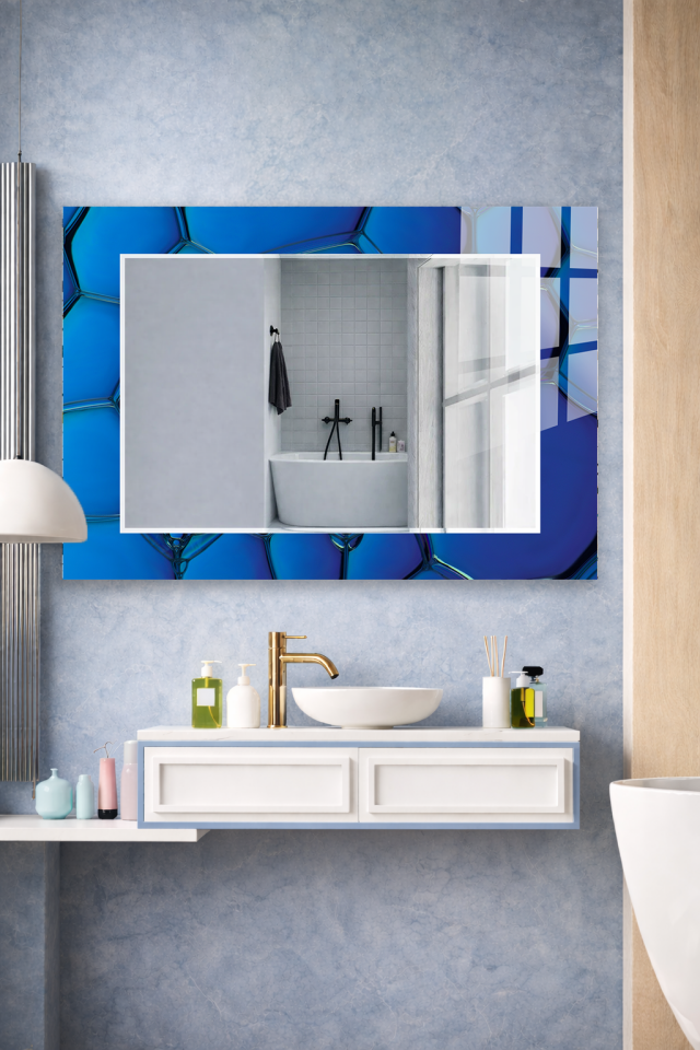 HEM TABLO HEM AYNA MAVİ ALTIGEN DESEN CAM DUVAR AYNASI EV DEKORU
