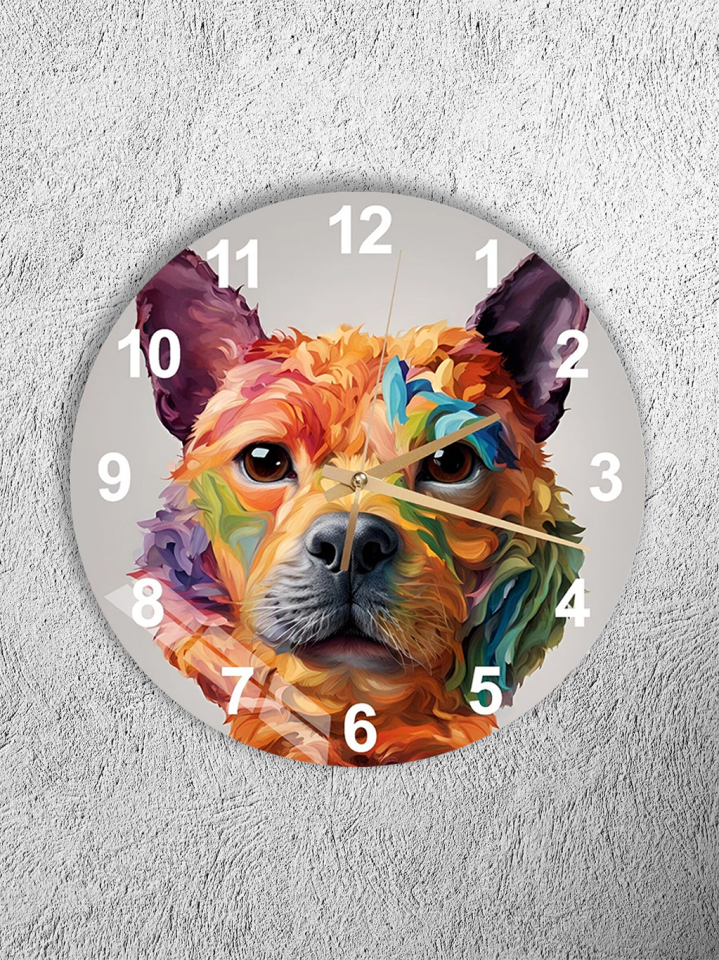 KIRILMAZ CAM DUVAR SAATİ, HEM TABLO HEM SAAT RENKLİ KÖPEK PORTRESİ SANATSAL TASARIM EV OFİS HEDİYESİ
