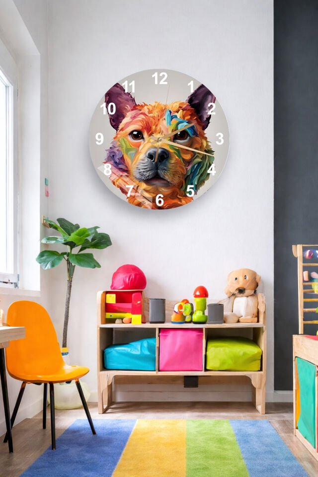 KIRILMAZ CAM DUVAR SAATİ, HEM TABLO HEM SAAT RENKLİ KÖPEK PORTRESİ SANATSAL TASARIM EV OFİS HEDİYESİ