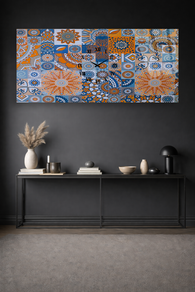 KIRILMAZ CAM DUVAR SAATİ, HEM TABLO HEM SAAT ETNİK DESEN MOZAIK SANAT EV OFİS HEDİYESİ