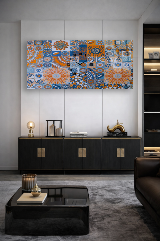 KIRILMAZ CAM DUVAR SAATİ, HEM TABLO HEM SAAT ETNİK DESEN MOZAIK SANAT EV OFİS HEDİYESİ