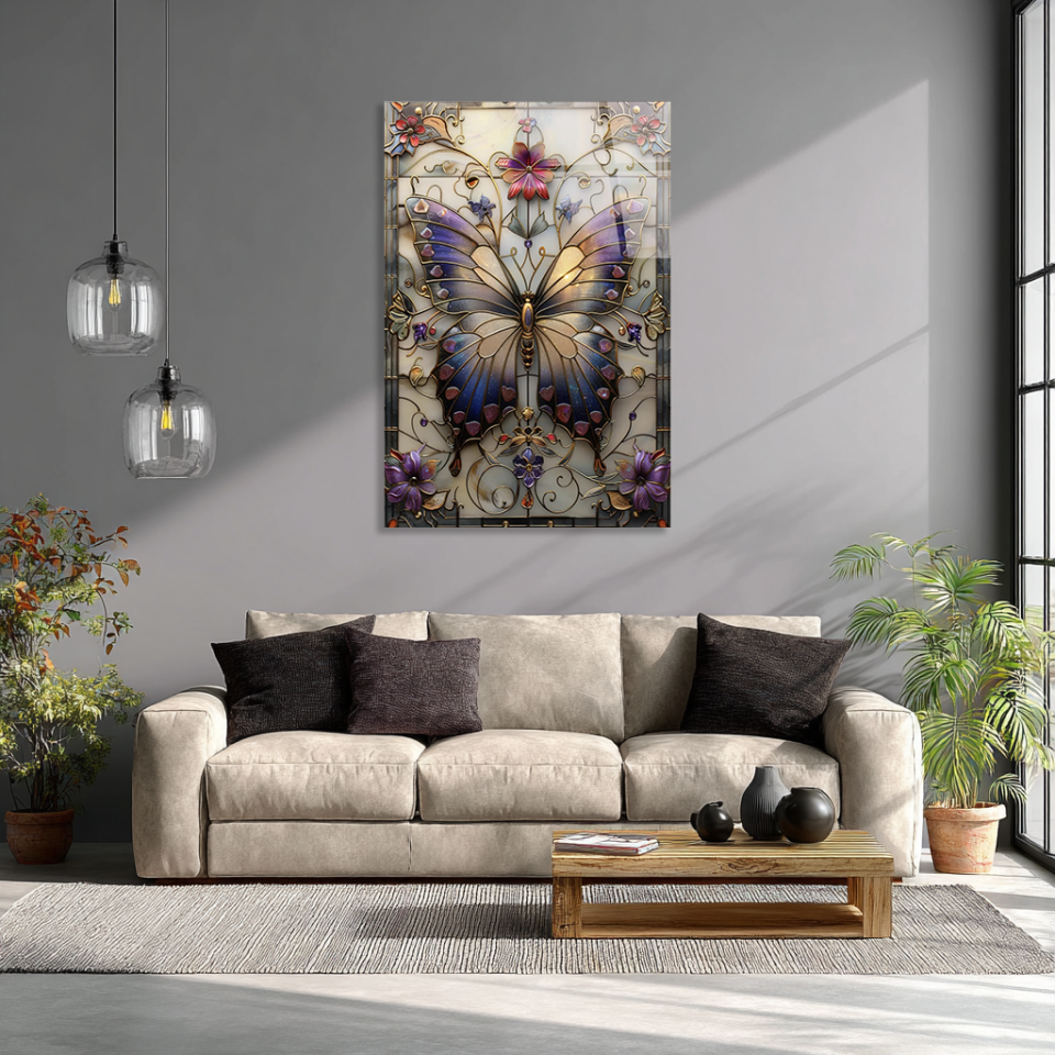 KIRILMAZ CAM TABLO VİTRAY KELEBEK ÇİÇEKLİ SANATSAL LÜKS DUVAR DEKORU
