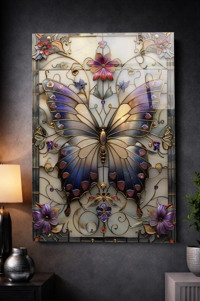 KIRILMAZ CAM TABLO VİTRAY KELEBEK ÇİÇEKLİ SANATSAL LÜKS DUVAR DEKORU