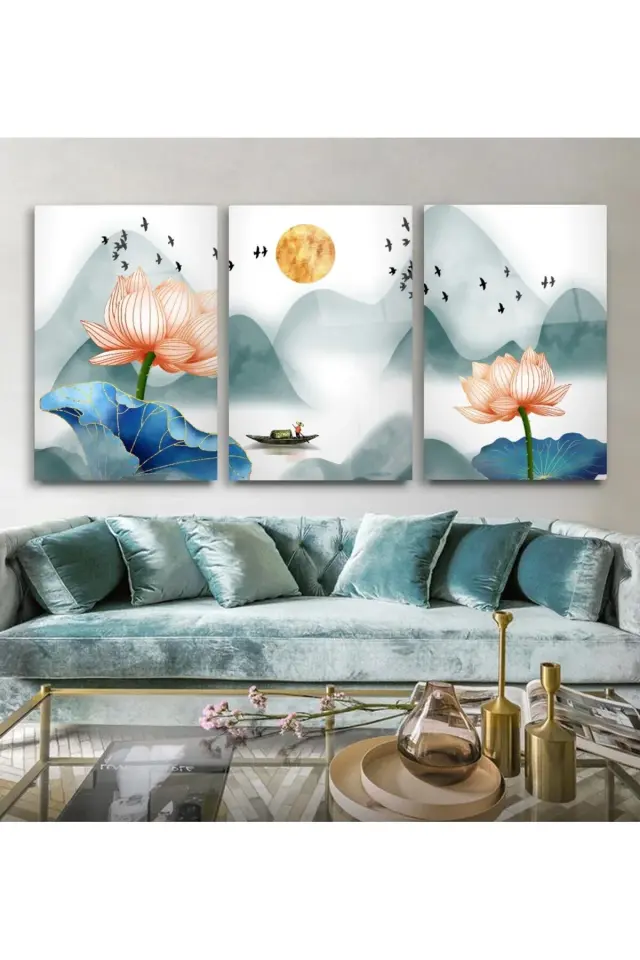 3 LÜ ÇİÇEK VE DAĞ TEMALI CAM TABLO SETİ SALON TABLOSU EV HEDİYESİ KIRILMAZ CAM Mavi