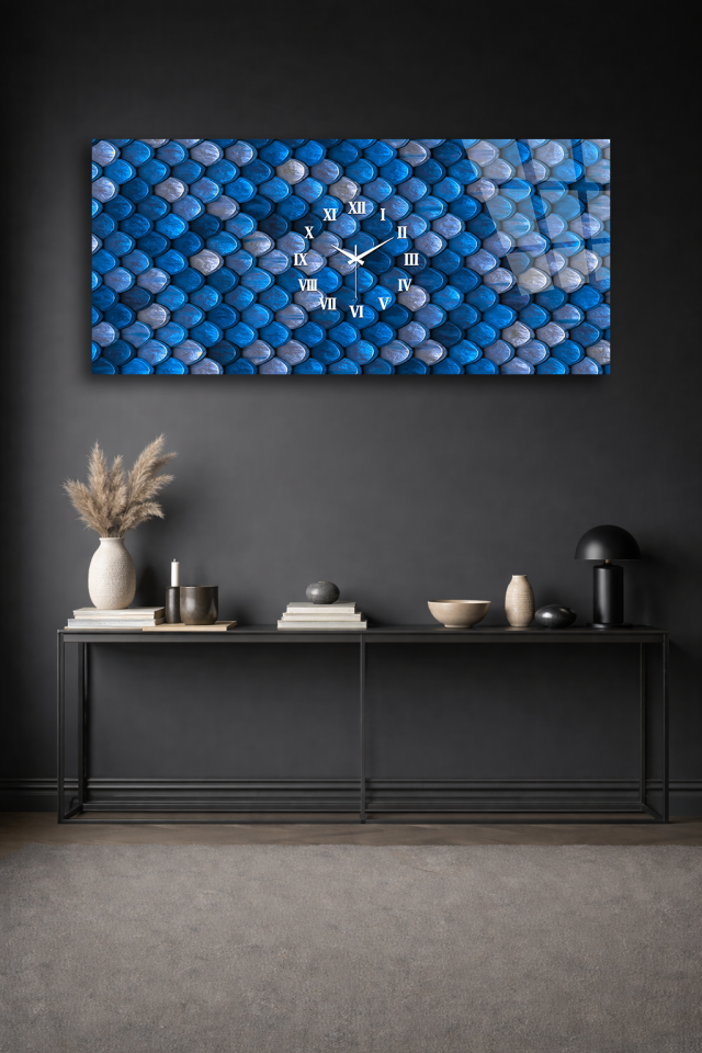 KIRILMAZ CAM DUVAR SAATİ , HEM TABLO HEM SAAT MAVİ GEOMETRİK DOKU EV OFİS HEDİYESİ