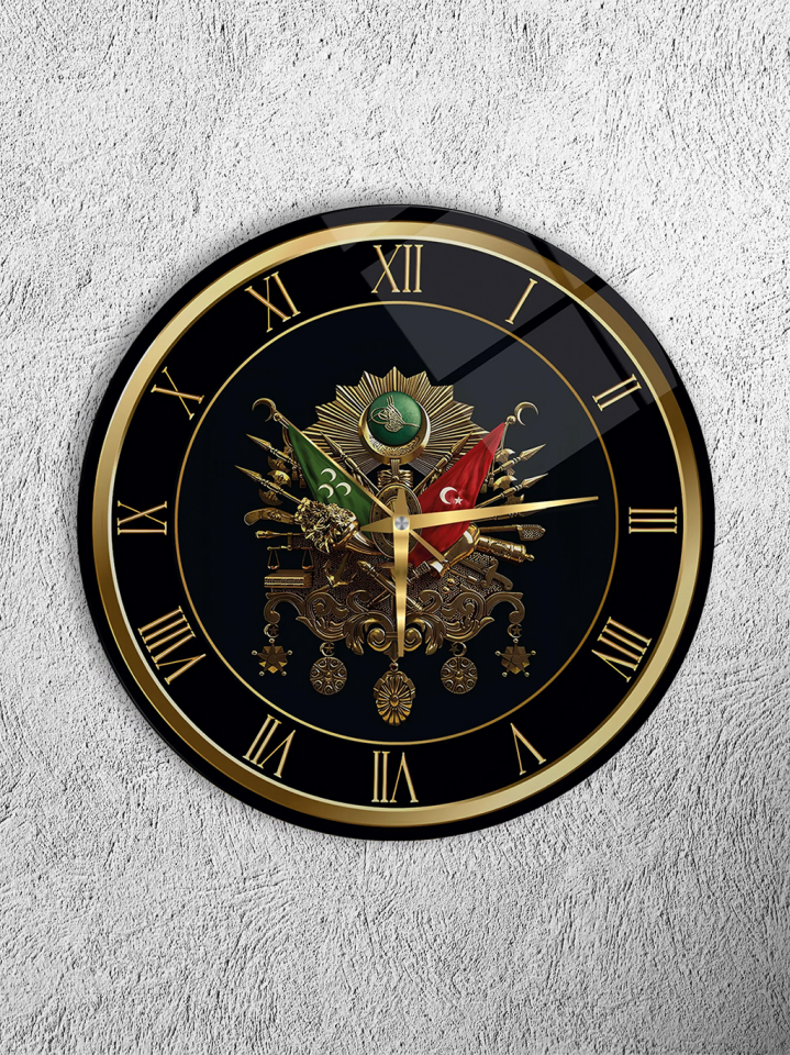KIRILMAZ CAM DUVAR SAATİ,HEM TABLO HEM SAAT OSMANLI ARMASI ALTIN DETAYLI KLASİK TARZ SAAT EV OFİS HEDİYESİ