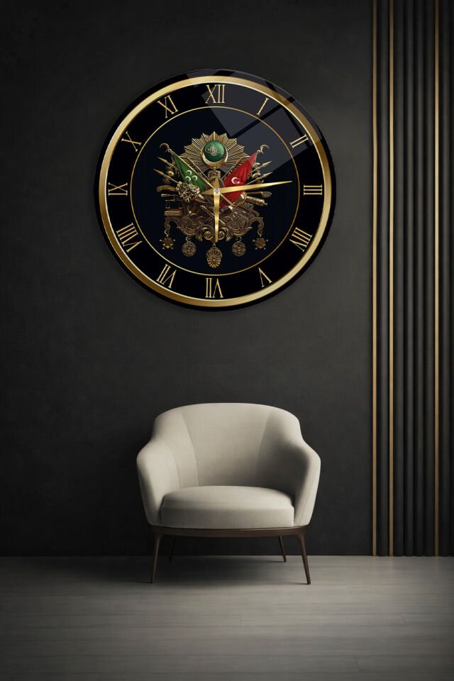 KIRILMAZ CAM DUVAR SAATİ,HEM TABLO HEM SAAT OSMANLI ARMASI ALTIN DETAYLI KLASİK TARZ SAAT EV OFİS HEDİYESİ