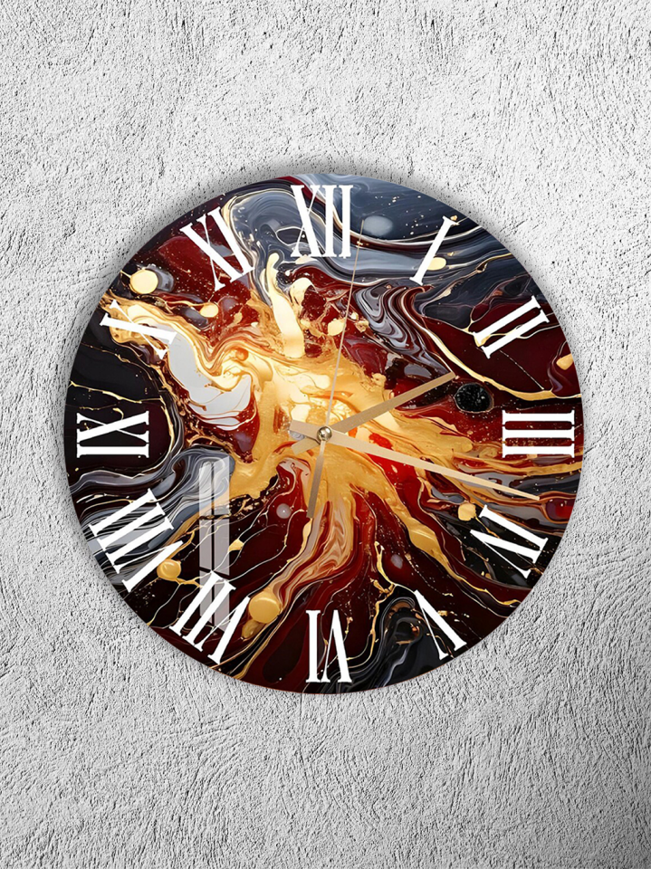 KIRILMAZ CAM DUVAR SAATİ, HEM TABLO HEM SAAT ALTIN SİYAH KIRMIZI SOYUT MERMER EV OFİS HEDİYESİ