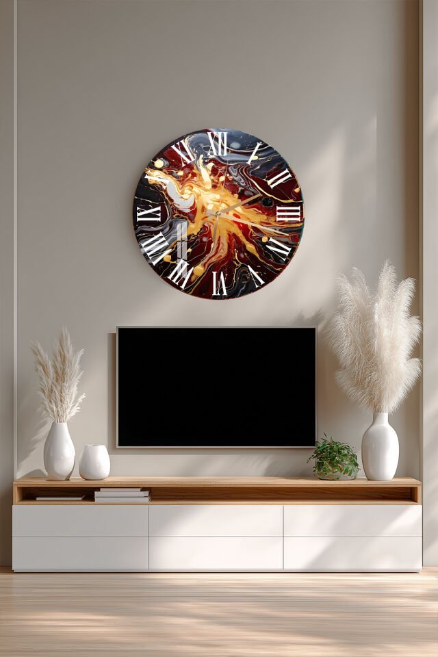 KIRILMAZ CAM DUVAR SAATİ, HEM TABLO HEM SAAT ALTIN SİYAH KIRMIZI SOYUT MERMER EV OFİS HEDİYESİ