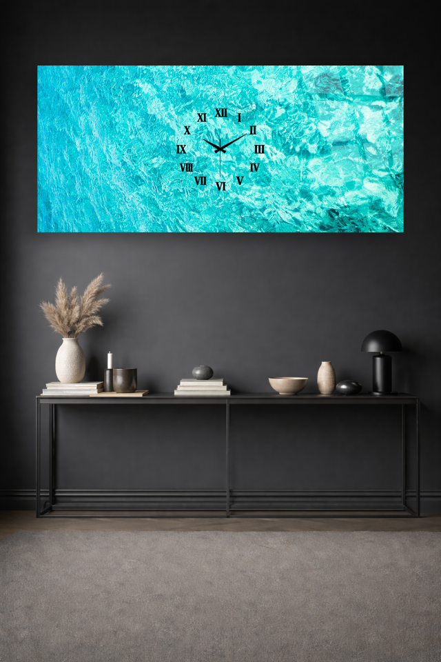 KIRILMAZ CAM DUVAR SAATİ, HEM TABLO HEM SAAT TURKUAZ SU DOKU MODERN TASARIM EV OFİS HEDİYESİ