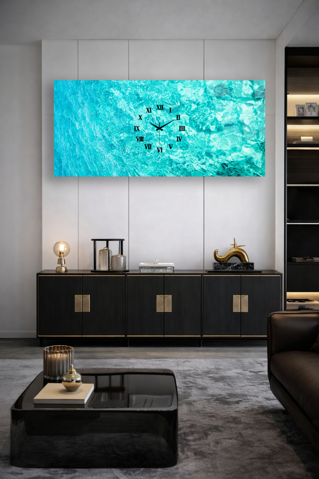 KIRILMAZ CAM DUVAR SAATİ, HEM TABLO HEM SAAT TURKUAZ SU DOKU MODERN TASARIM EV OFİS HEDİYESİ