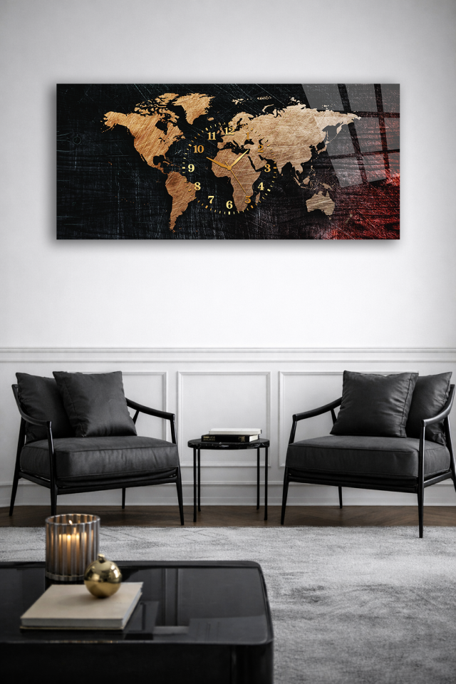 KIRILMAZ CAM DUVAR SAATİ , HEM TABLO HEM SAAT DÜNYA HARİTASI ALTIN TASARIM EV OFİS HEDİYESİ