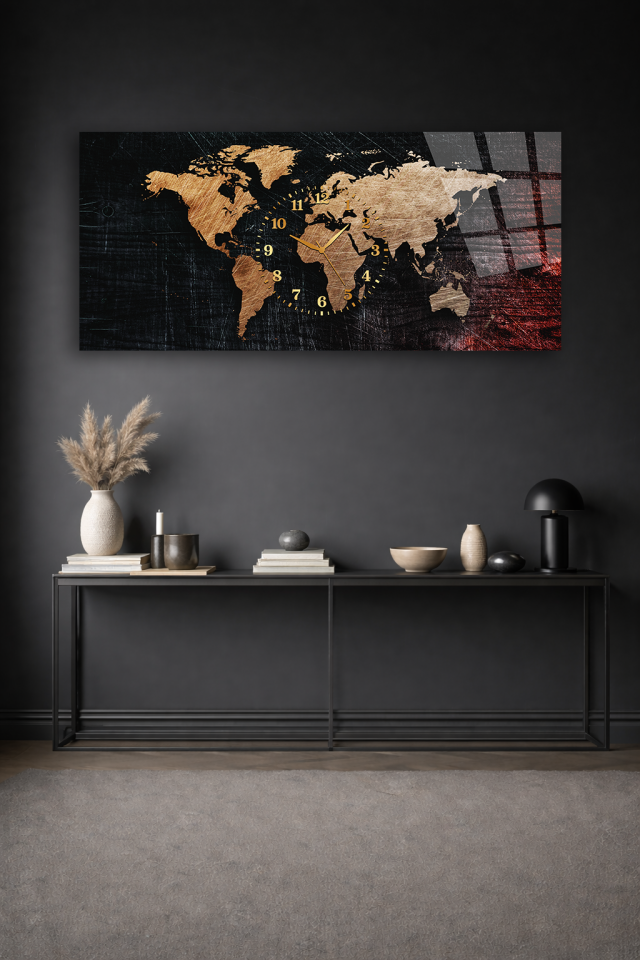 KIRILMAZ CAM DUVAR SAATİ , HEM TABLO HEM SAAT DÜNYA HARİTASI ALTIN TASARIM EV OFİS HEDİYESİ