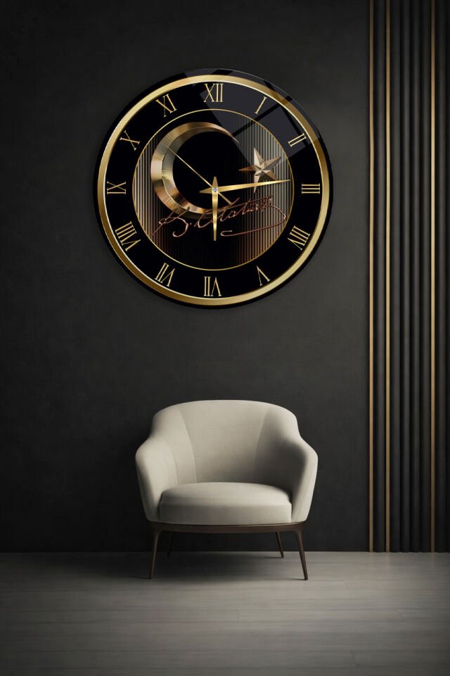 KIRILMAZ CAM DUVAR SAATİ,HEM TABLO HEM SAAT AY YILDIZ ATATÜRK İMZALI SİYAH GOLD TASARIM SAAT EV OFİS HEDİYESİ