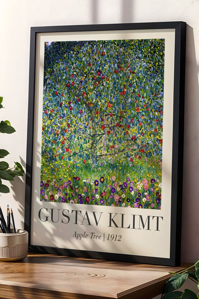 SİYAH - Gustav Klimt Elma Ağacı 1912 Vintage Doğal Ahşap Çerçeveli Duvar Tablosu