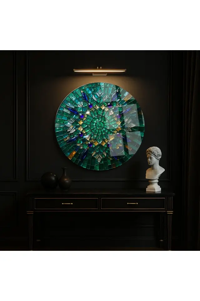 VİTRAY TEMALI DEĞERLİ TAŞLAR TASARIMI KIRILMAZ LÜKS CAM TABO EV HEDİYESİ ULTRA CANLI RENKLER Haki