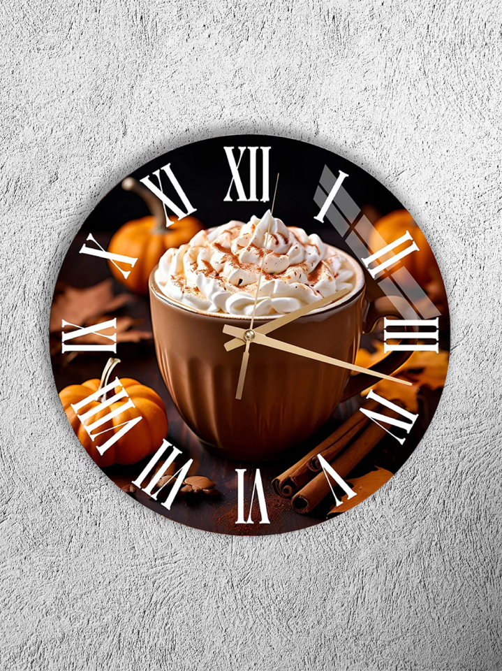 KIRILMAZ CAM DUVAR SAATİ, HEM TABLO HEM SAAT TARÇINLI KAHVE SONBAHAR TEMASI EV OFİS HEDİYESİ