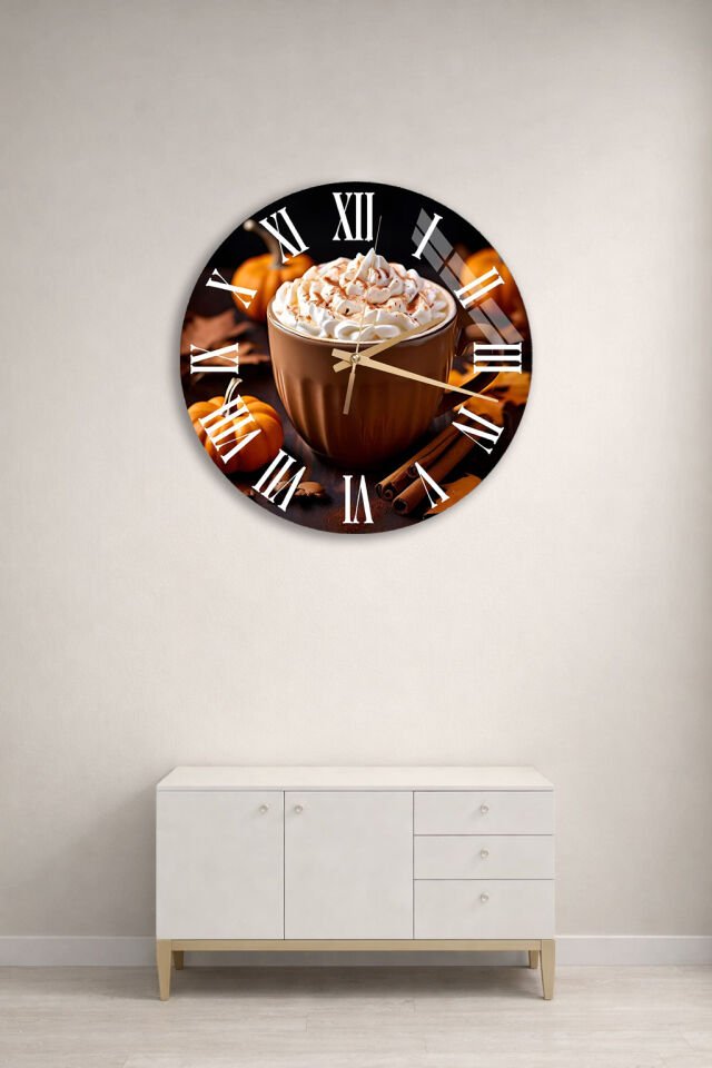 KIRILMAZ CAM DUVAR SAATİ, HEM TABLO HEM SAAT TARÇINLI KAHVE SONBAHAR TEMASI EV OFİS HEDİYESİ