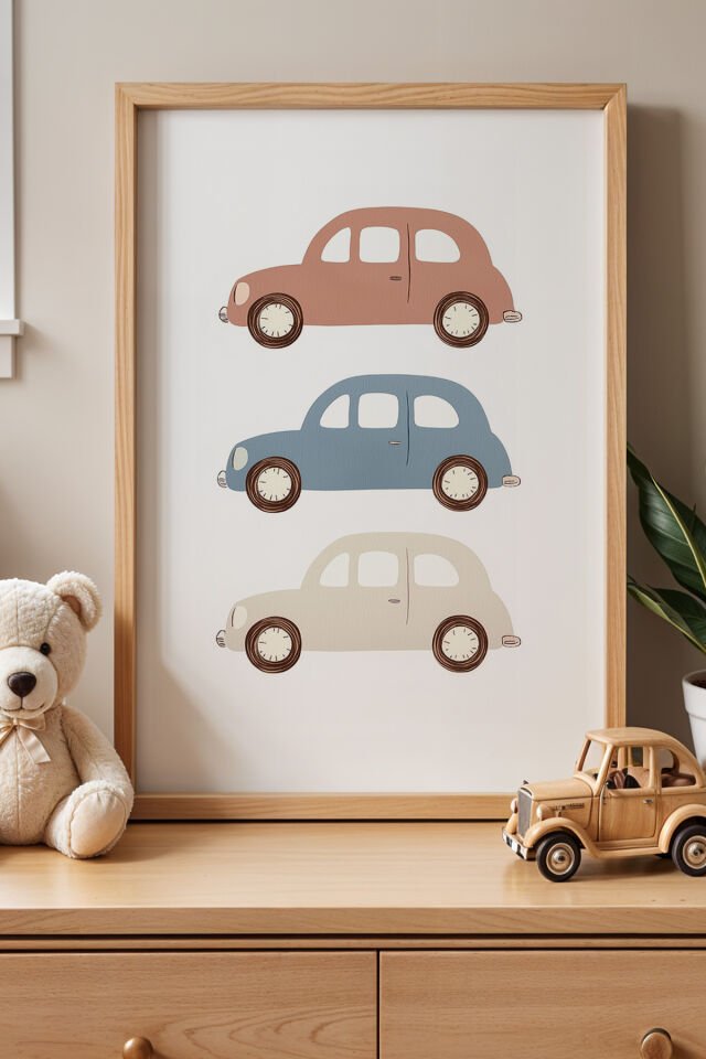 DOĞAL AHŞAP - Retro Arabalar Doğal Ahşap Çerçeveli Çocuk Odası Tablosu