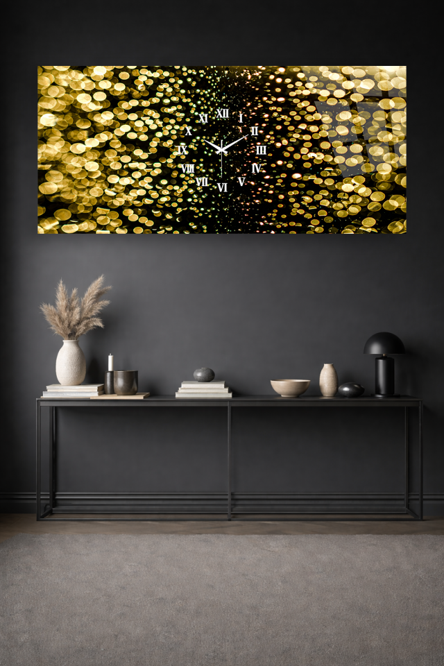 KIRILMAZ CAM DUVAR SAATİ, HEM TABLO HEM SAAT ALTIN IŞIK BOKEH LÜKS TASARIM EV OFİS HEDİYESİ